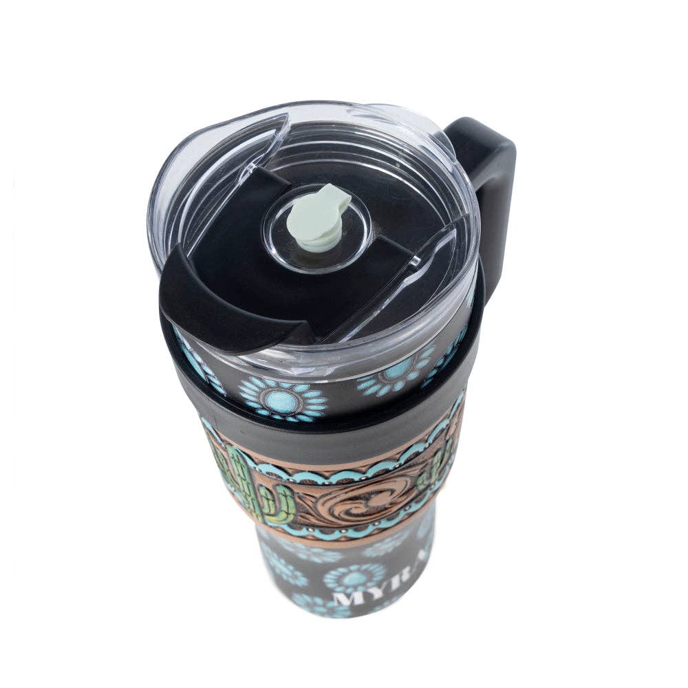 Concho Crest Western Tooled Tumbler in Black Stainless Steel with Leather Wrap and Handle: WITH TOOLING