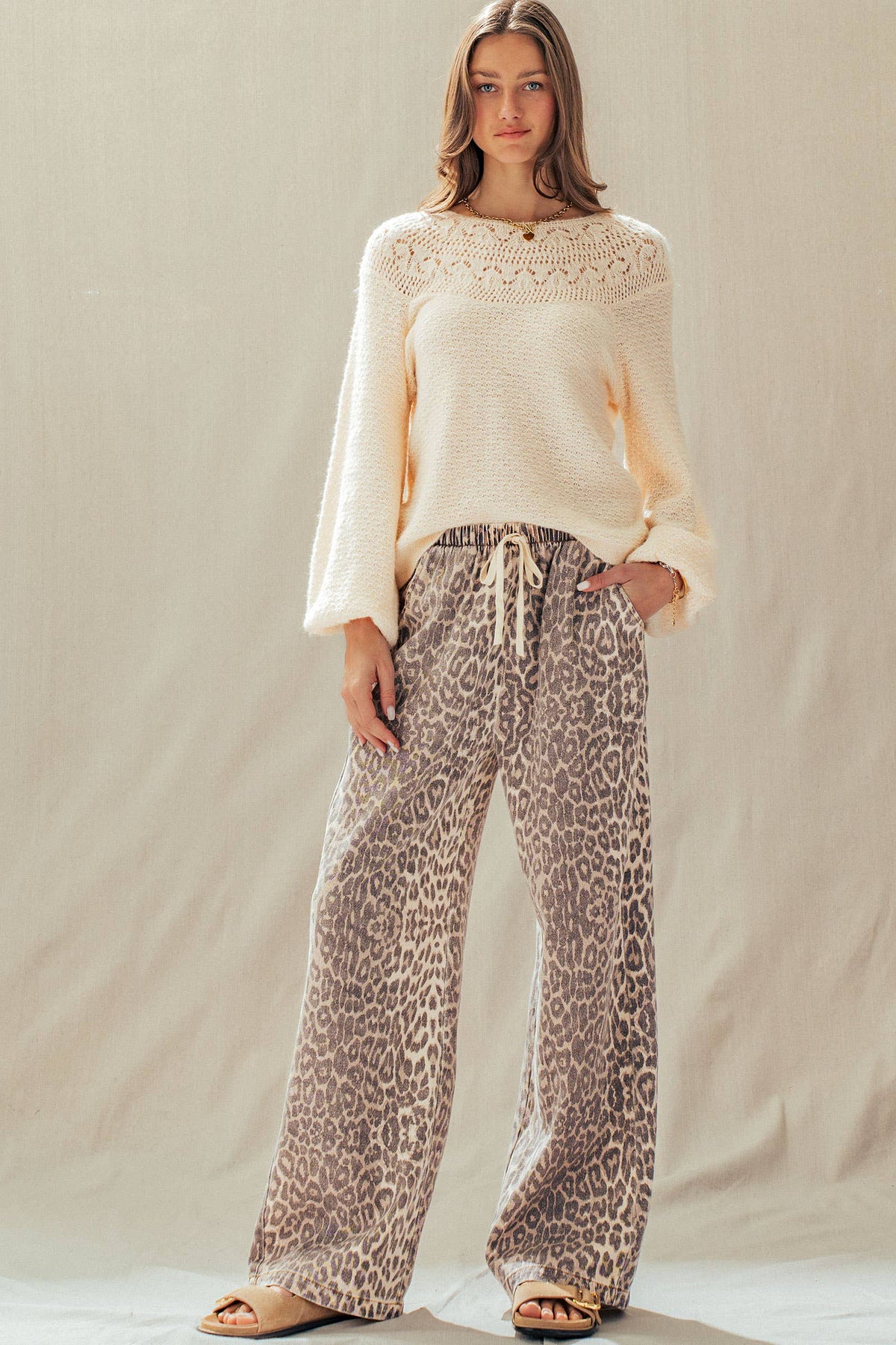 Leopard Print Wide Leg Cotton Pants Drawstring: LEOPARD / S-M-L:2-2-2