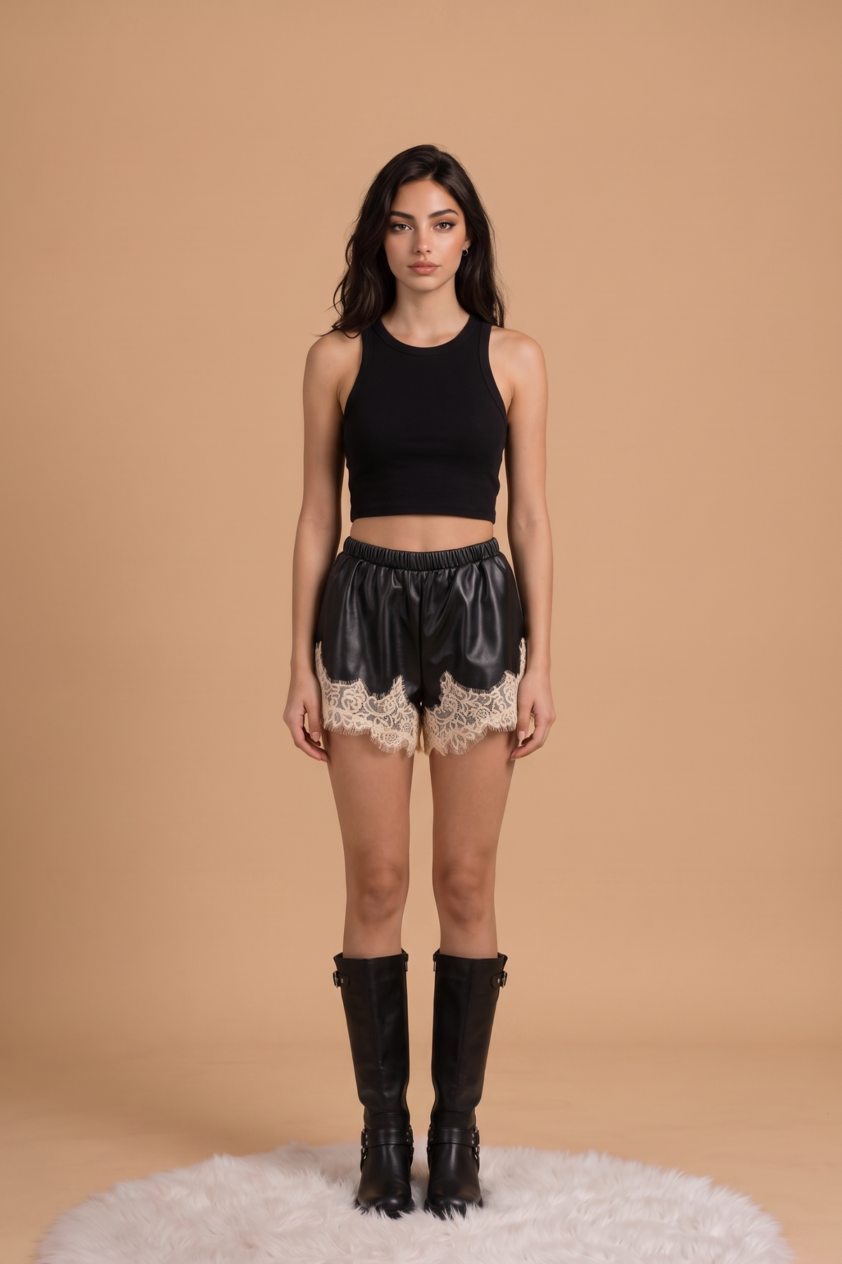 LACE TRIM DETAILED PU SHORTS - BP1596C : BLACK / S-M-L (3-2-1)