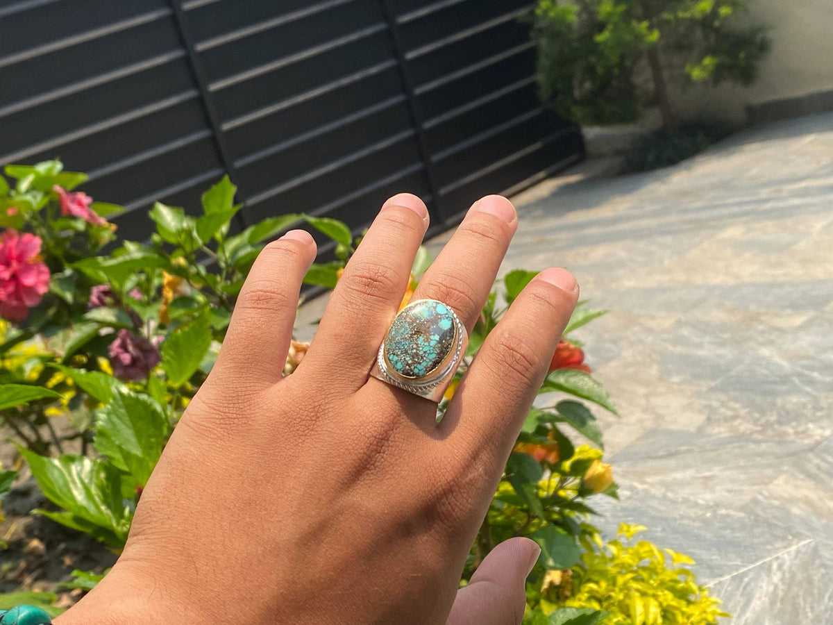 Turquoise Temptation: Silver & Gold Overlay Ring, Two Tone Ring, Hammered Ring, Unisex Aesthetic Ring.: #4- Ring