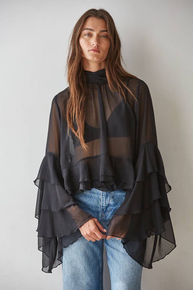 L9717 | Woven Polyester Chiffon See Through Top : Black / L