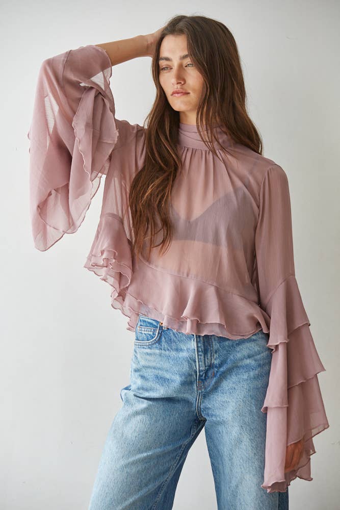 L9717 | Woven Polyester Chiffon See Through Top : Black / L