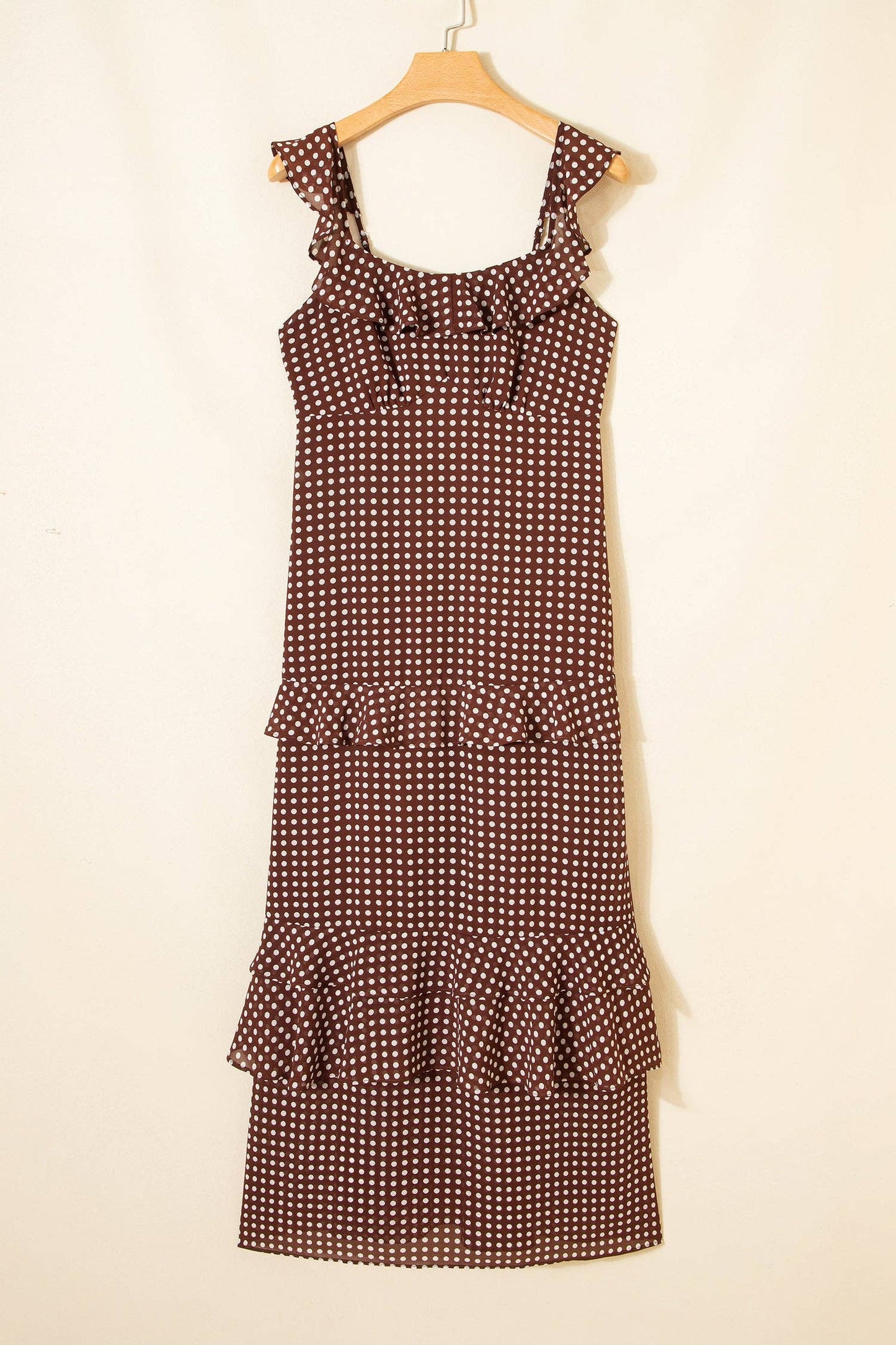 Polka Dot Backless Ruffle Tiered Maxi Dress: Coffee / L