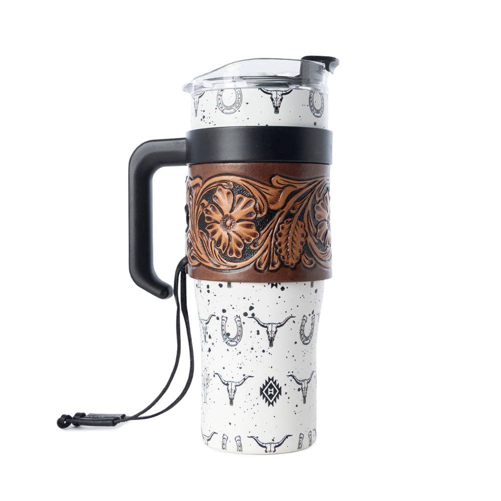 Westmark Tooled Western Tumbler in White Stainless Steel with Leather Wrap and Handle for Use: WITH TOOLING