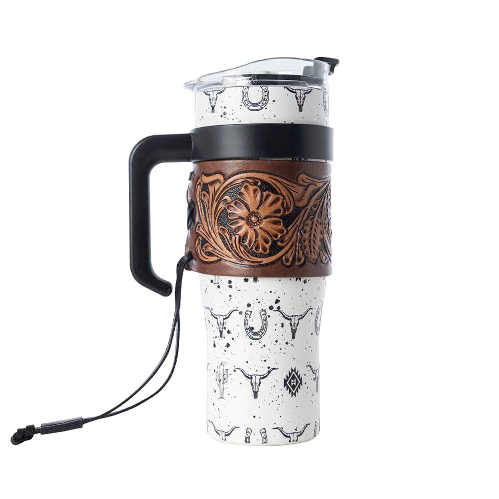 Westmark Tooled Western Tumbler in White Stainless Steel with Leather Wrap and Handle for Use: WITH TOOLING
