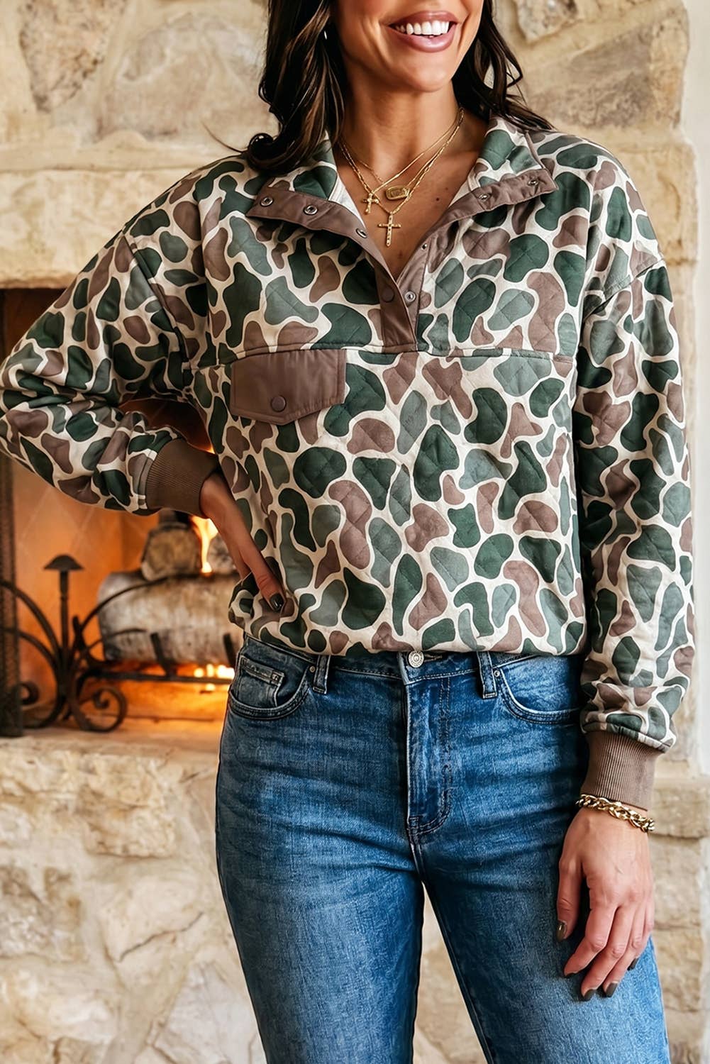Western Camo Pullover Long Sleeve Stand Neck Sweatshirt*S-4X: Multicolour / Missy / L