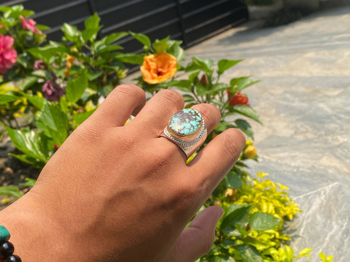 Turquoise Temptation: Silver & Gold Overlay Ring, Two Tone Ring, Hammered Ring, Unisex Aesthetic Ring.: #2- Ring
