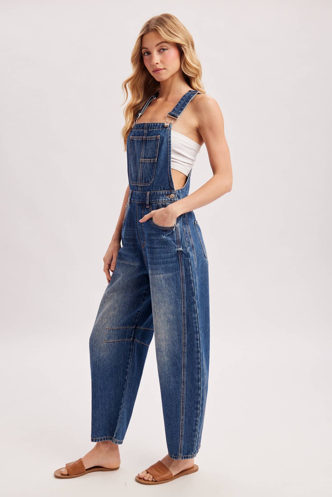 DENIM BARREL OVERALLS: MED.WASH / L