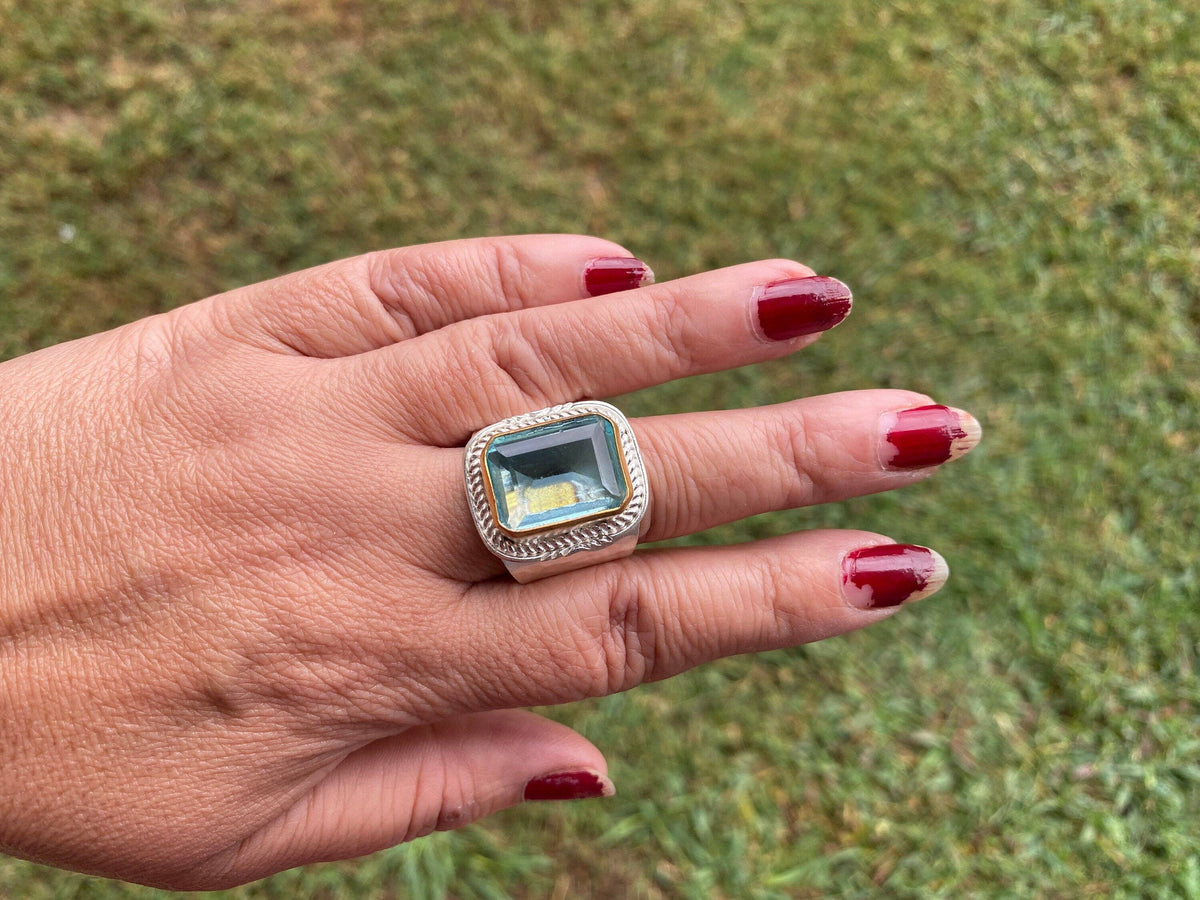 Two Tone Adjustable Gemstone Ring, Gold & Silver Overlay Ring, Statement Ring, Women's Ring, Birthday Gift, One of a Kind Jewelry: # 4 - Amazonite