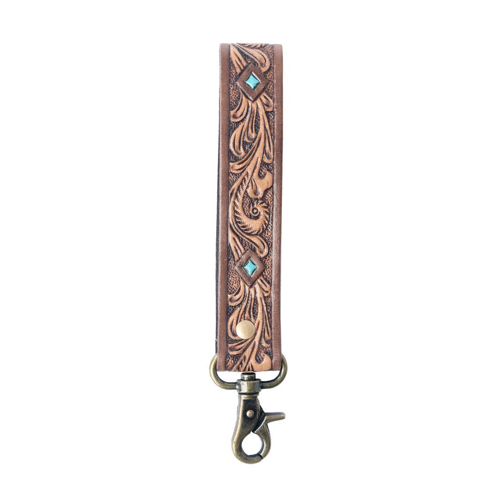 Spirit Stone Handtooled Leather Keyfob in Mahogany Brown: Mahogany Brown