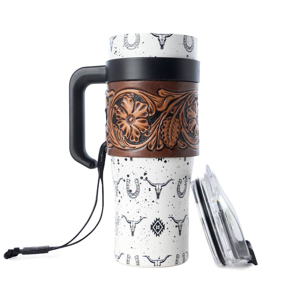 Westmark Tooled Western Tumbler in White Stainless Steel with Leather Wrap and Handle for Use: WITHOUT TOOLING