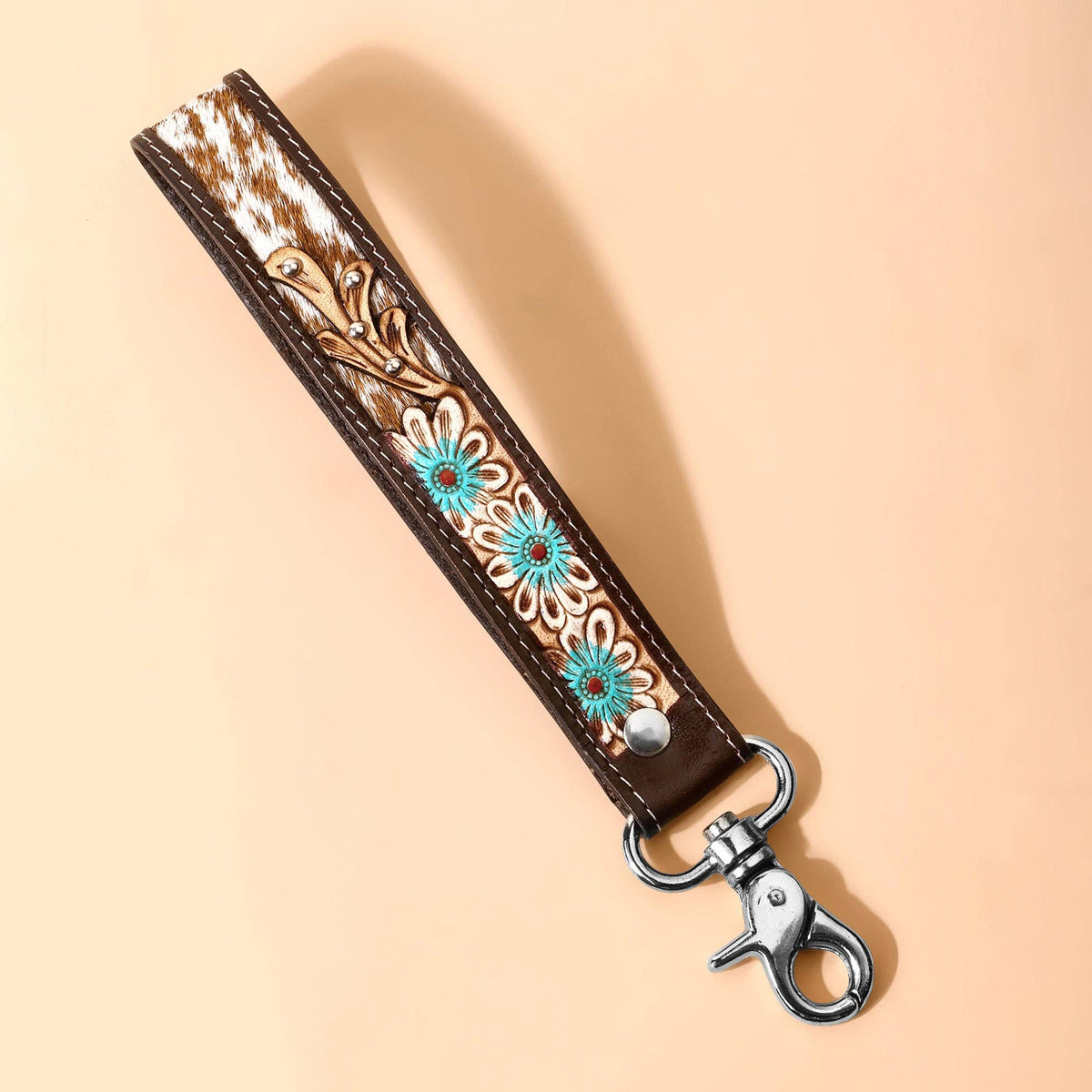 Wildhue Western Key Fob in tan with handtooled floral detail: Tan