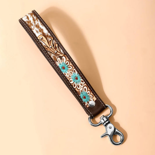Wildhue Western Key Fob in tan with handtooled floral detail: Tan