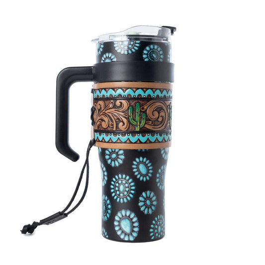 Concho Crest Western Tooled Tumbler in Black Stainless Steel with Leather Wrap and Handle: WITH TOOLING