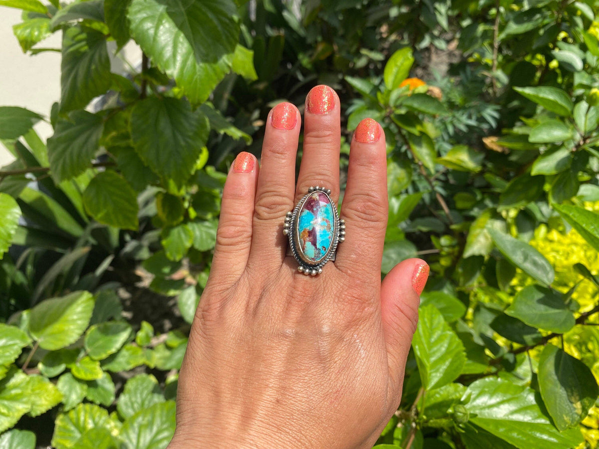 Large Adjustable Two-Tone Natural Turquoise with Spiny Oyster Ring | Silver Overlay Brass Bohemian Fashion Ring, Hammered Protection Jewelry: #1- Ring