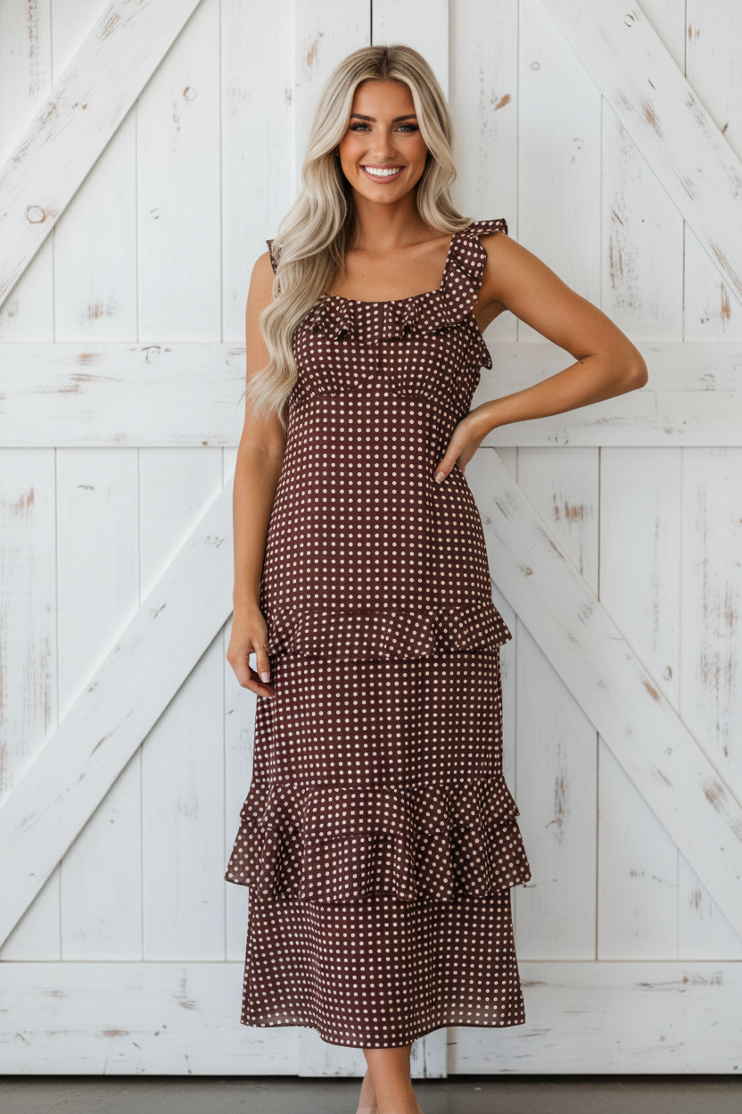 Polka Dot Backless Ruffle Tiered Maxi Dress: Coffee / L