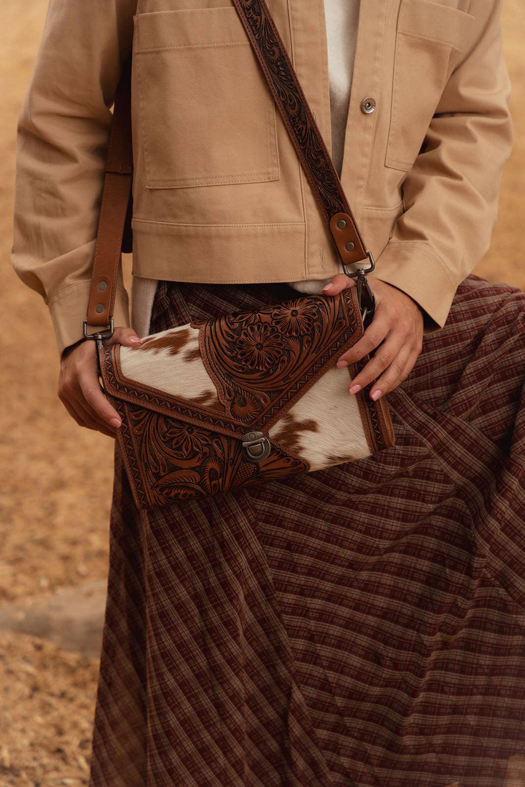 Circe Hand Tooled Bag for Women in tan with hairon: Tan