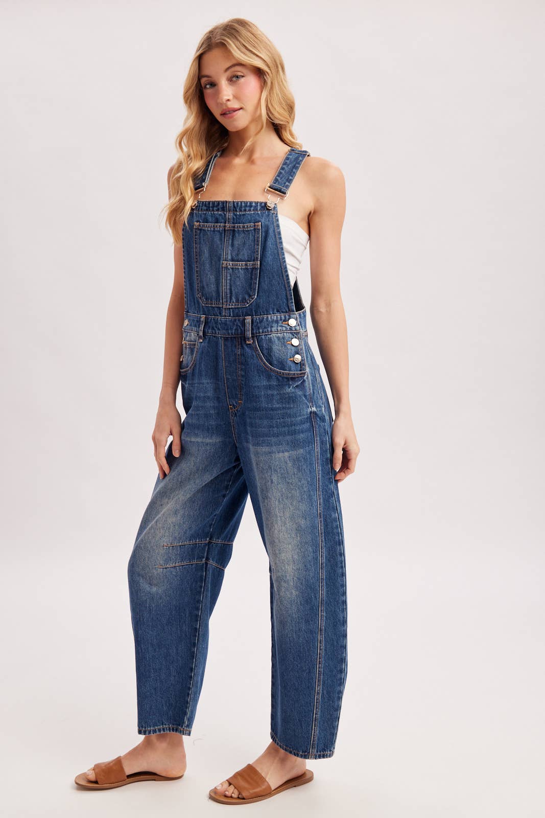 DENIM BARREL OVERALLS: MED.WASH / L
