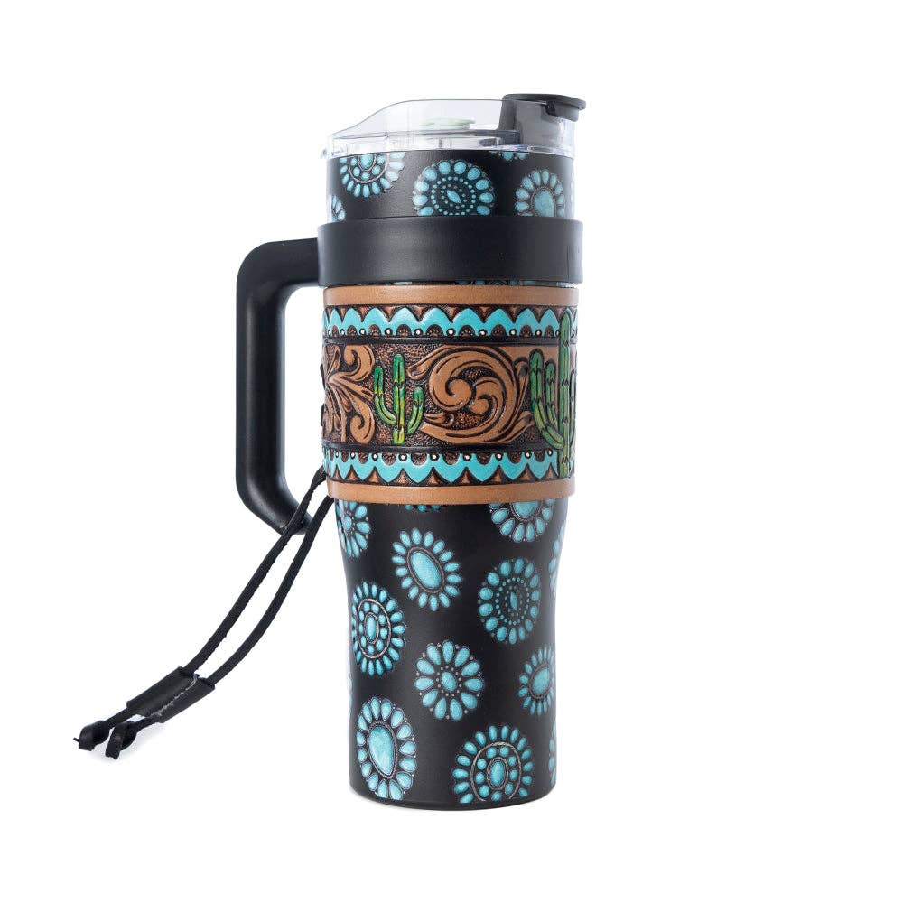 Concho Crest Western Tooled Tumbler in Black Stainless Steel with Leather Wrap and Handle: WITH TOOLING