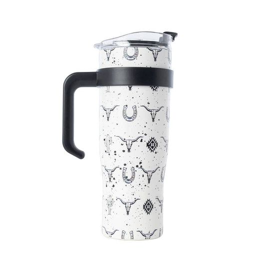 Westmark Tooled Western Tumbler in White Stainless Steel with Leather Wrap and Handle for Use: WITHOUT TOOLING