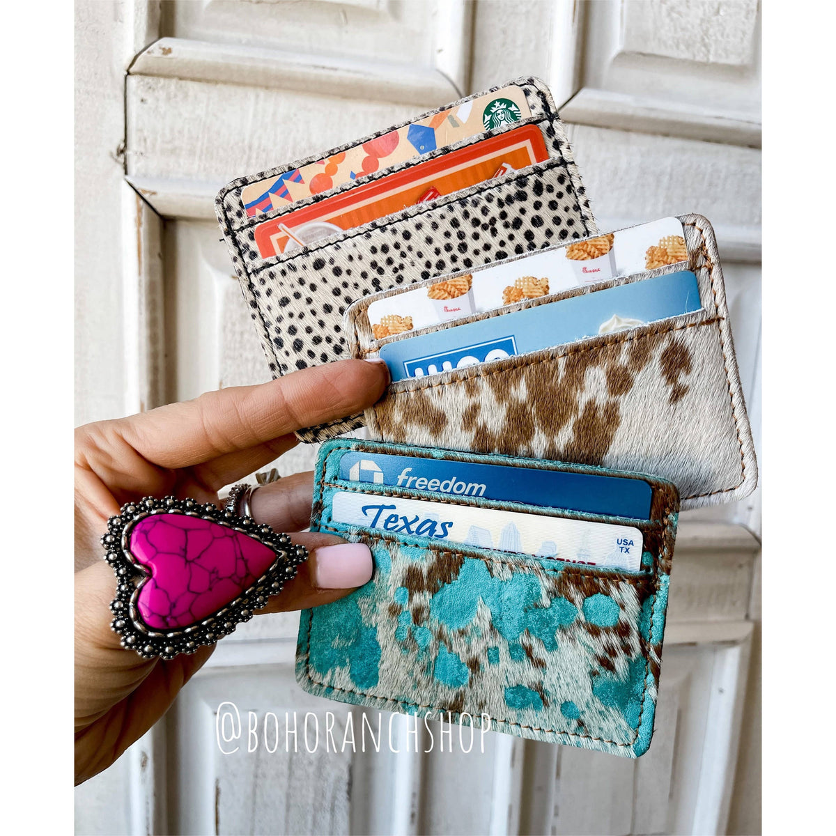 Money holder: BROWN + WHITE COWHIDE
