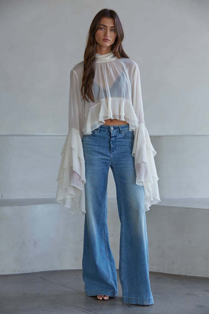 L9717 | Woven Polyester Chiffon See Through Top : Black / L