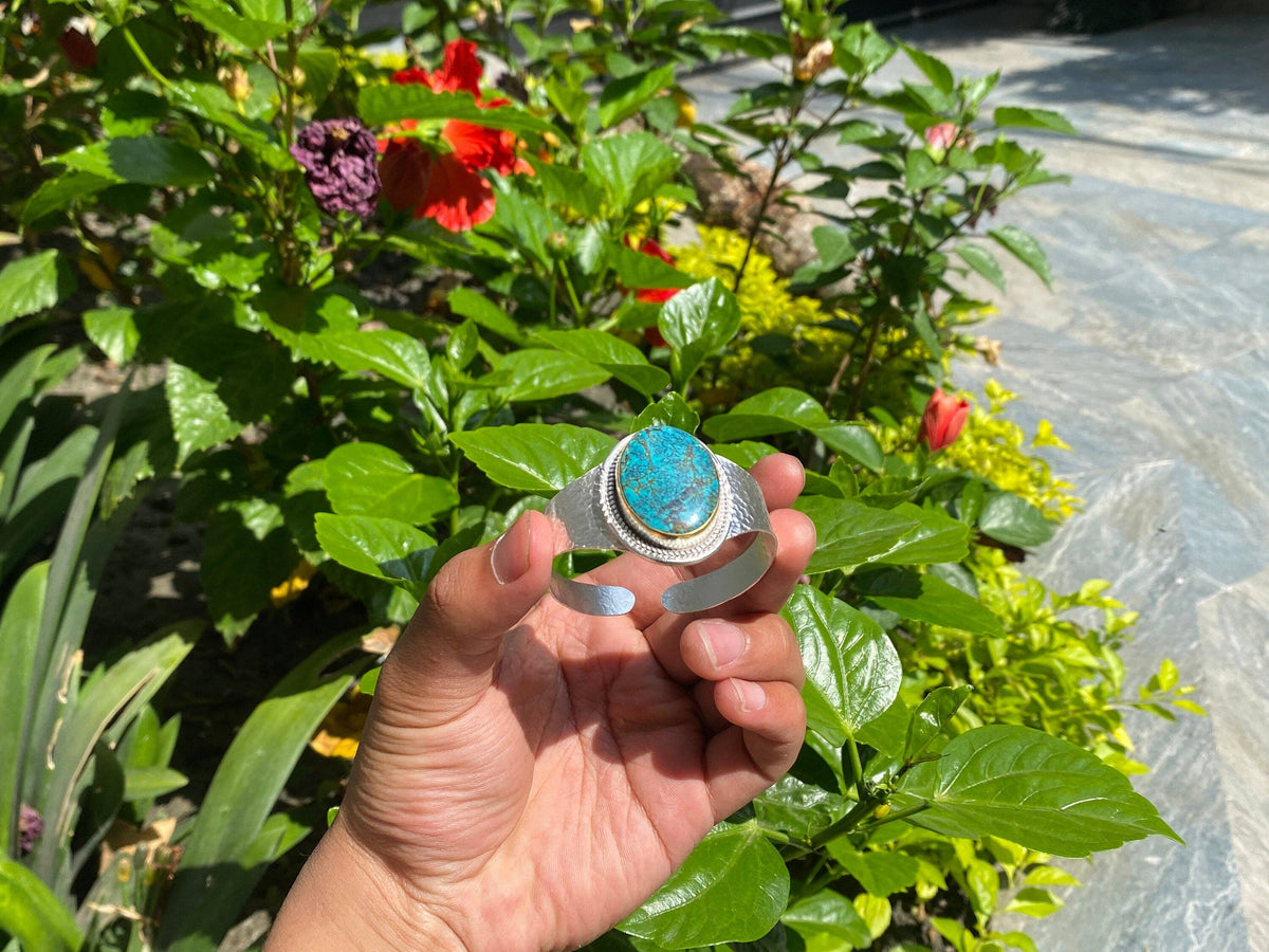 Adjustable Turquoise Natural Stone Wide Band Cuff,  Brushed Gold with Silver Overlay, Hammered Bracelet, Wide Cuff, Handcrafted Jewelry.: #2- Cuff