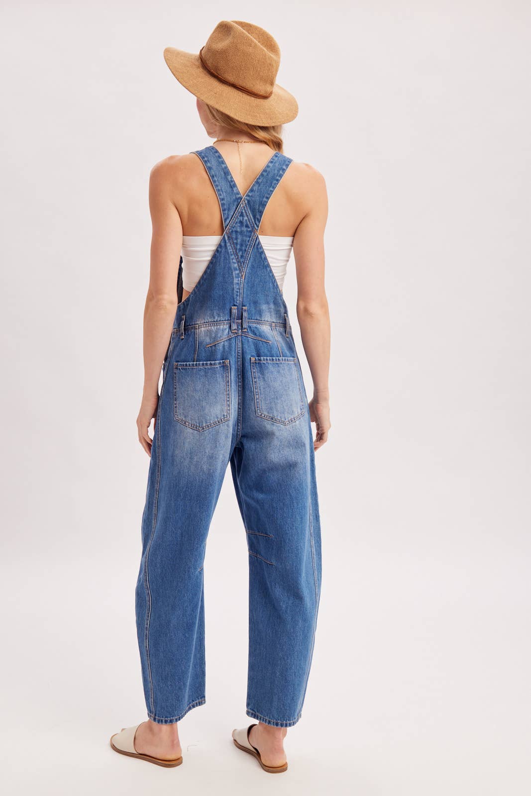 DENIM BARREL OVERALLS: MED.WASH / L