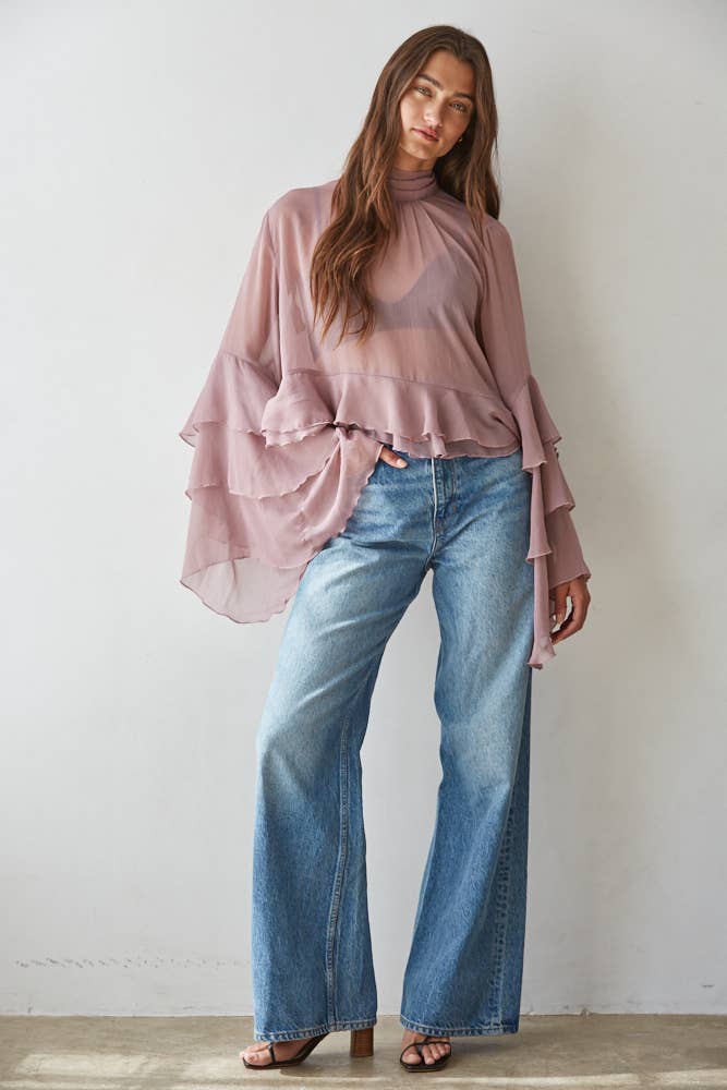 L9717 | Woven Polyester Chiffon See Through Top : Black / L