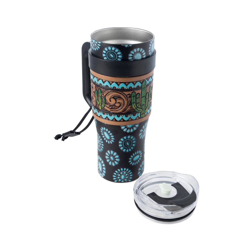 Concho Crest Western Tooled Tumbler in Black Stainless Steel with Leather Wrap and Handle: WITH TOOLING