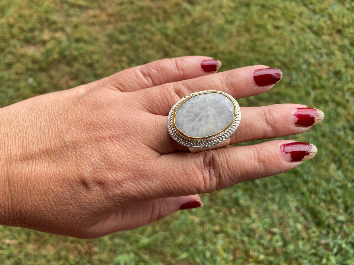 Two Tone Adjustable Gemstone Ring, Gold & Silver Overlay Ring, Statement Ring, Women's Ring, Birthday Gift, One of a Kind Jewelry: # 4 - Amazonite