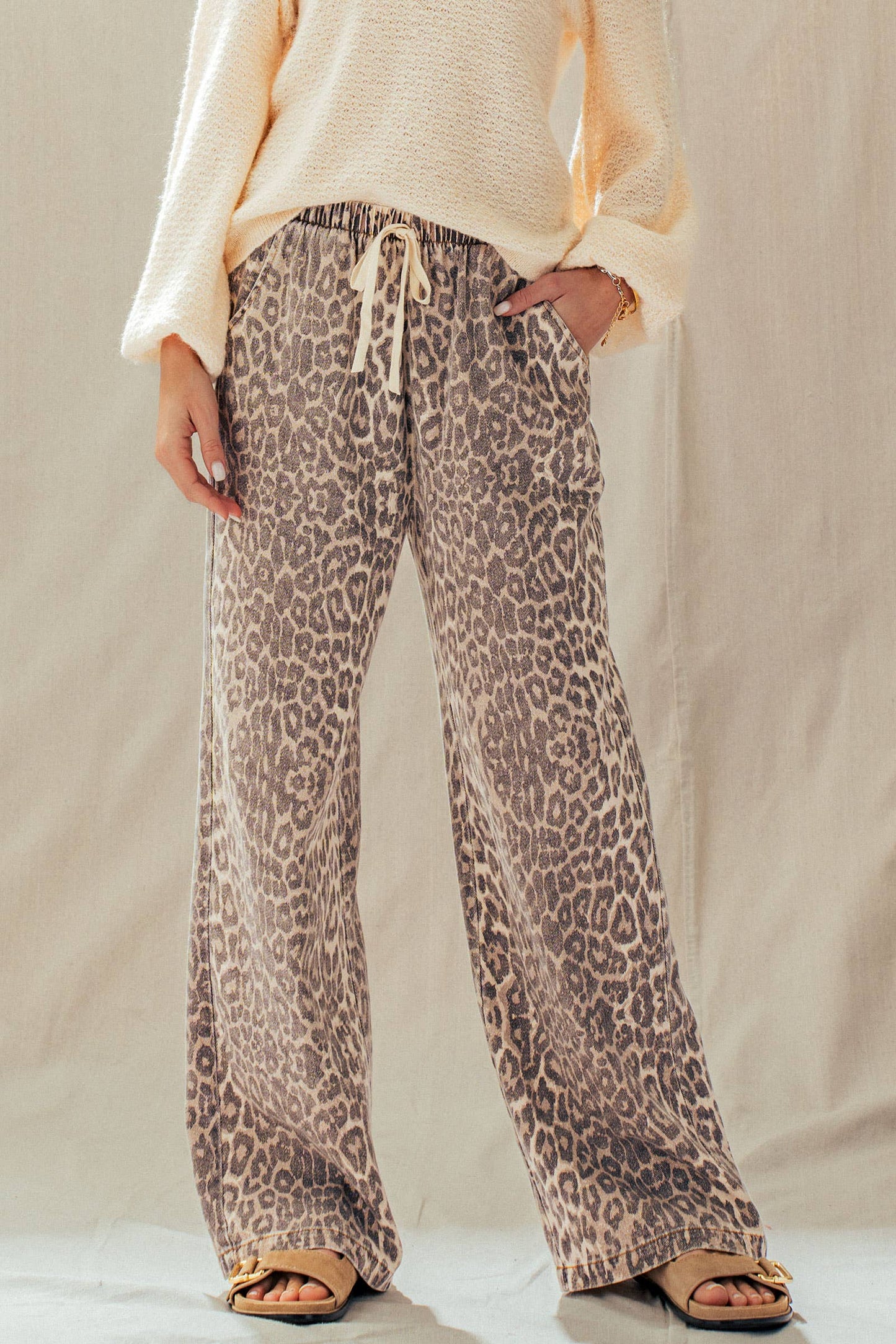 Leopard Print Wide Leg Cotton Pants Drawstring: LEOPARD / S-M-L:2-2-2
