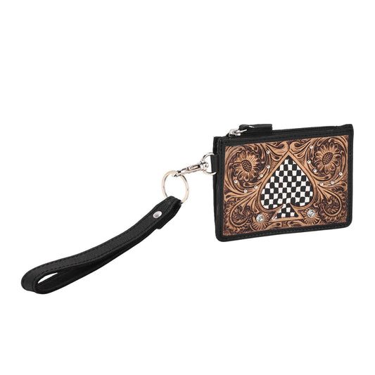 Hand Hewn Card Holder for Women in black with hand tooled spade: Black