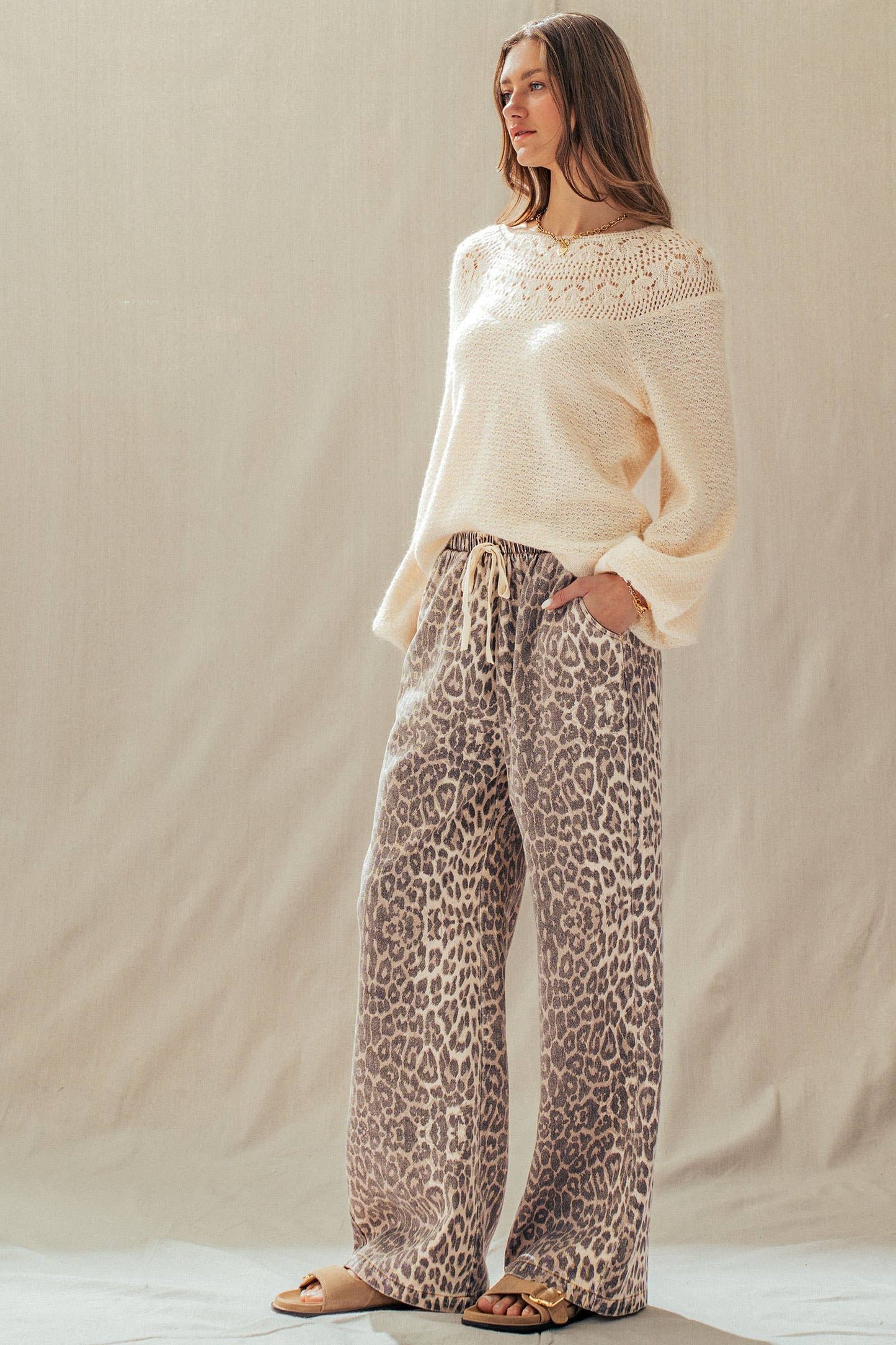 Leopard Print Wide Leg Cotton Pants Drawstring: LEOPARD / S-M-L:2-2-2