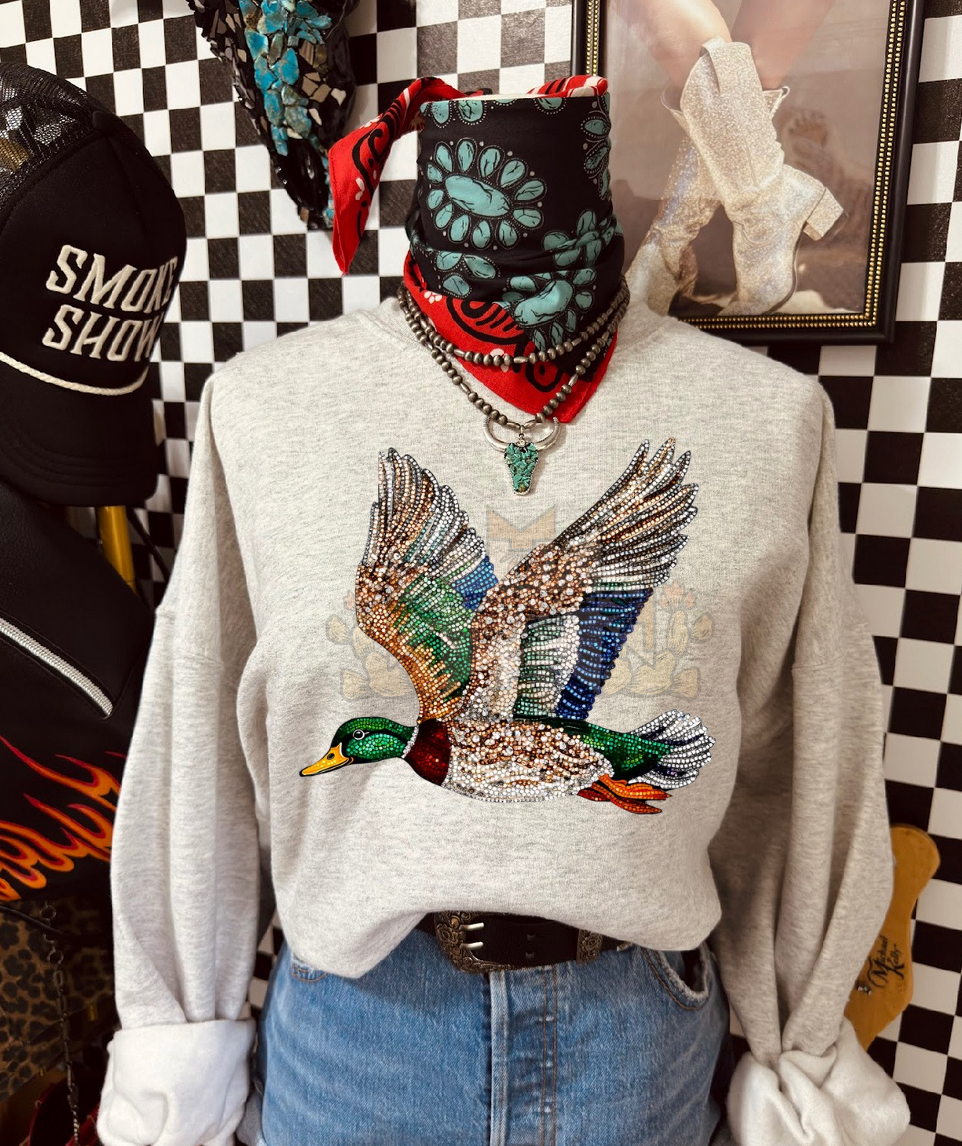 Rhinestone Mallard Western Graphic - Ash : Large / Crew