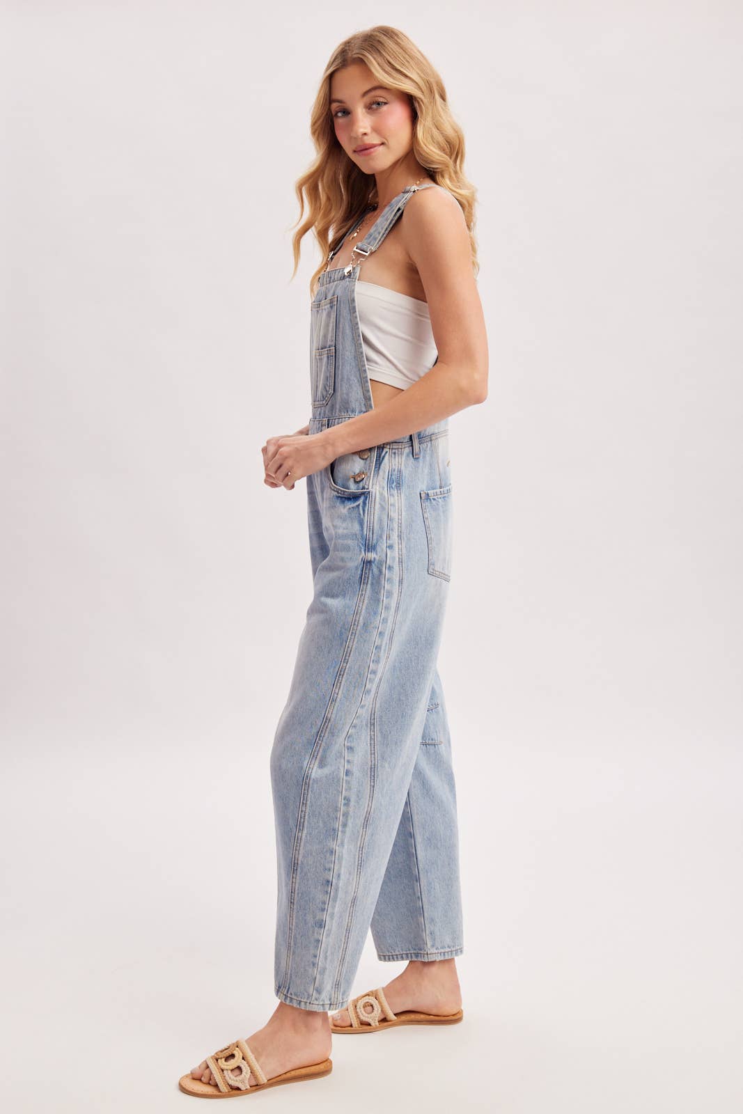 DENIM BARREL OVERALLS: MED.WASH / L