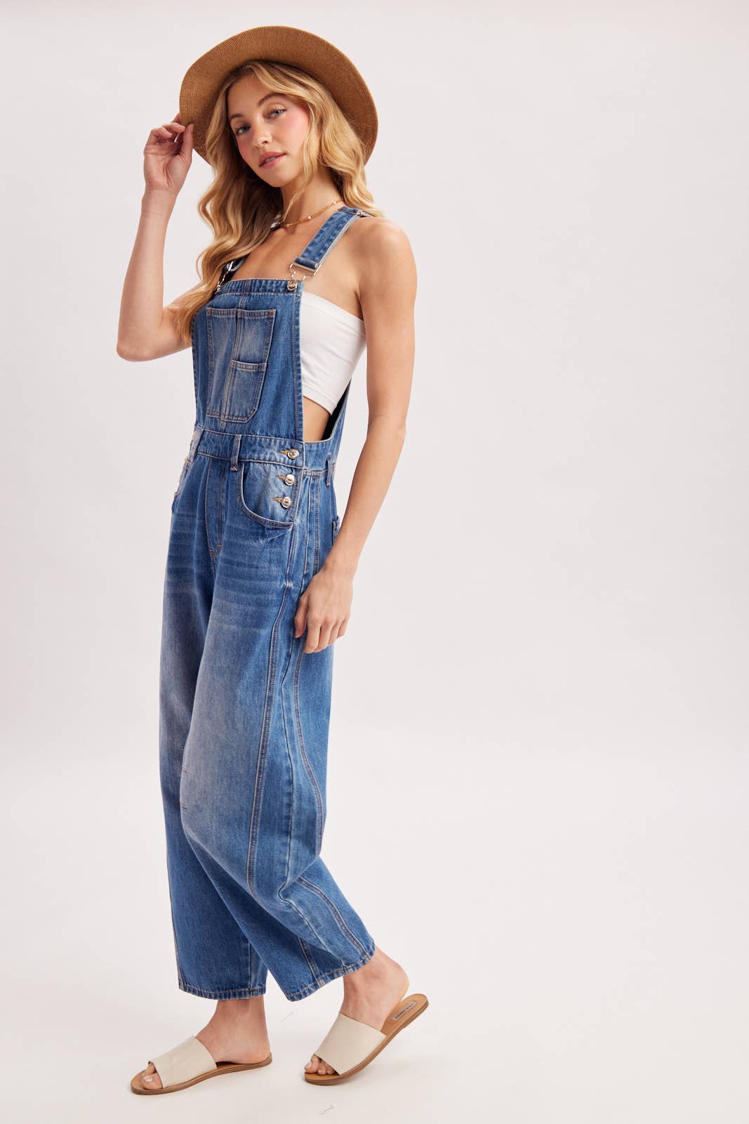 DENIM BARREL OVERALLS: MED.WASH / L