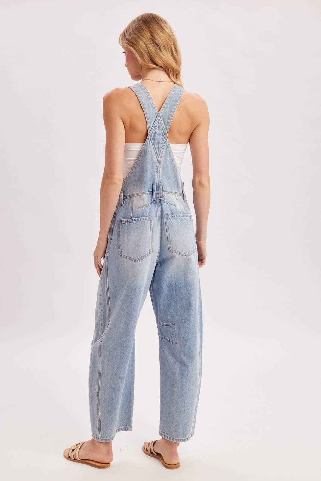 DENIM BARREL OVERALLS: MED.WASH / L