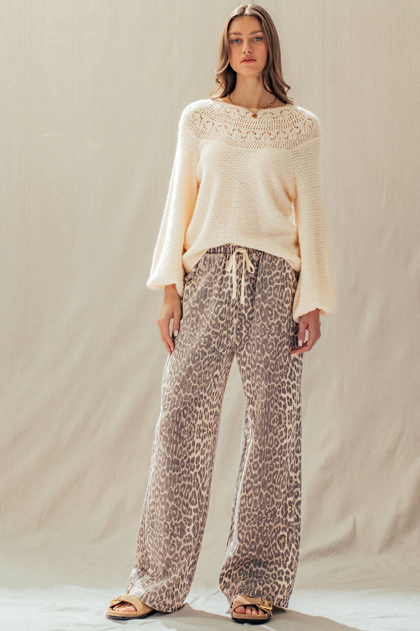 Leopard Print Wide Leg Cotton Pants Drawstring: LEOPARD / S-M-L:2-2-2