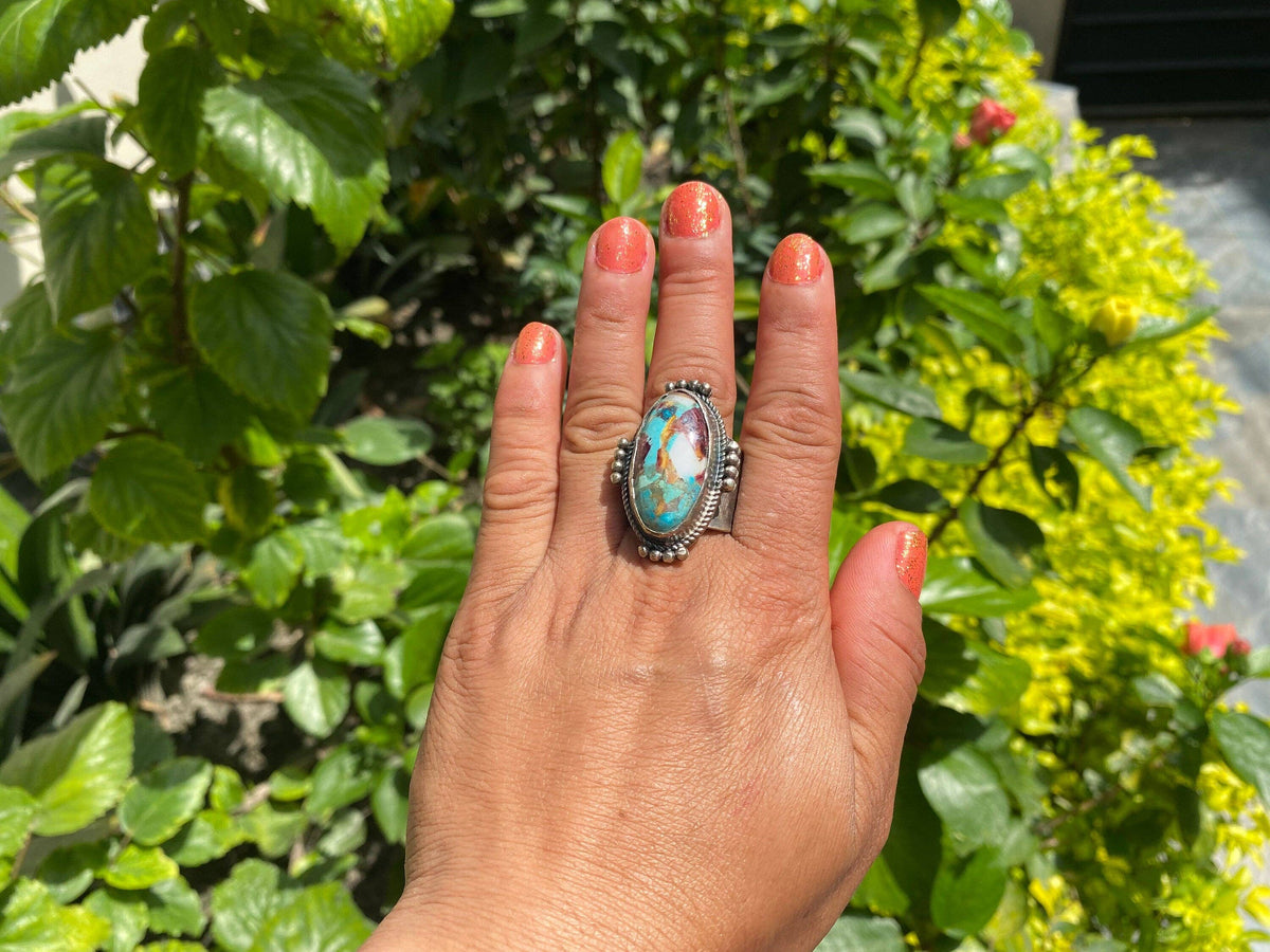 Large Adjustable Two-Tone Natural Turquoise with Spiny Oyster Ring | Silver Overlay Brass Bohemian Fashion Ring, Hammered Protection Jewelry: #1- Ring