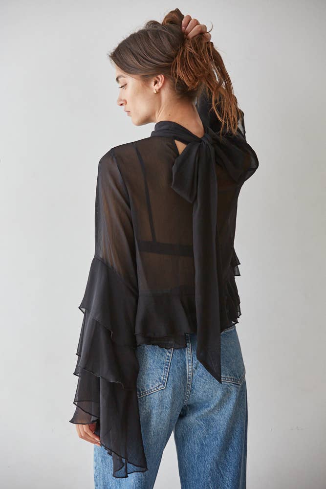 L9717 | Woven Polyester Chiffon See Through Top : Black / L