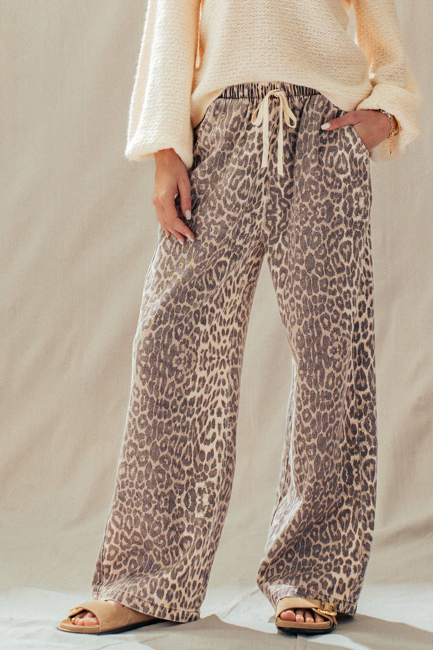 Leopard Print Wide Leg Cotton Pants Drawstring: LEOPARD / S-M-L:2-2-2