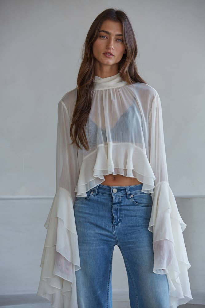 L9717 | Woven Polyester Chiffon See Through Top : Black / L