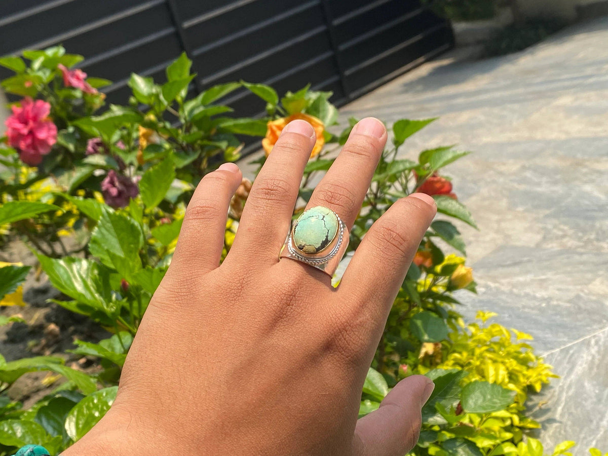 Turquoise Temptation: Silver & Gold Overlay Ring, Two Tone Ring, Hammered Ring, Unisex Aesthetic Ring.: #4- Ring