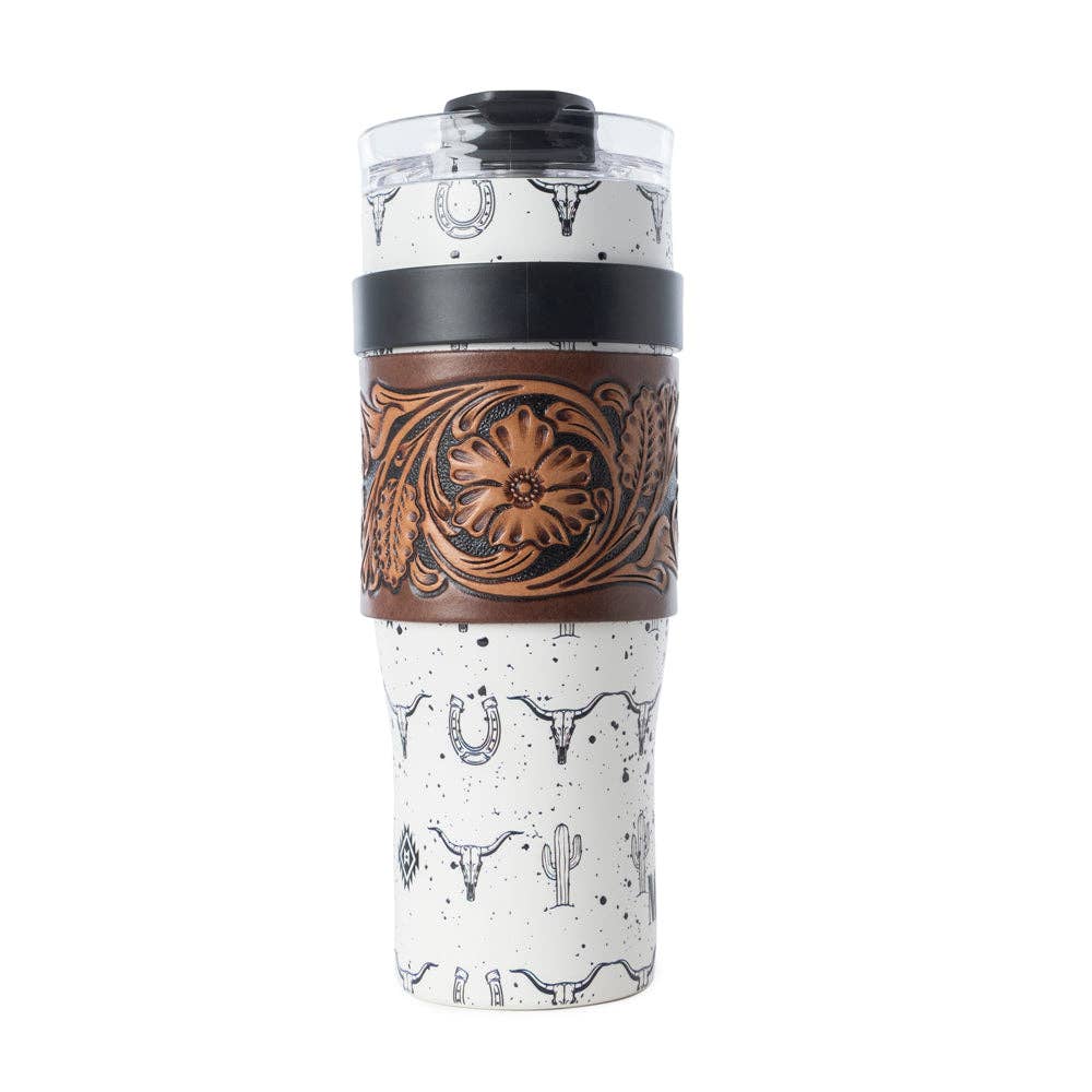 Westmark Tooled Western Tumbler in White Stainless Steel with Leather Wrap and Handle for Use: WITH TOOLING