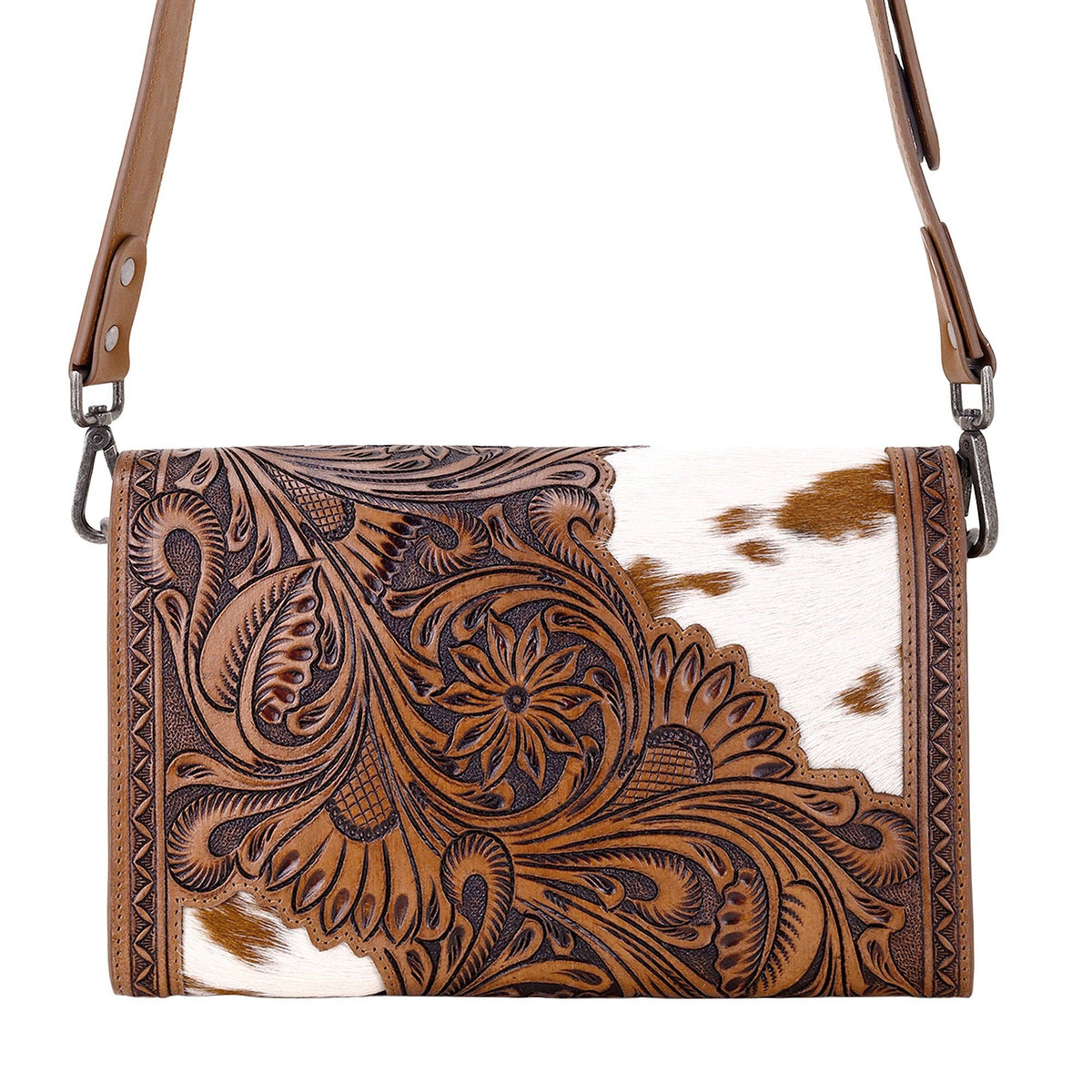 Circe Hand Tooled Bag for Women in tan with hairon: Tan