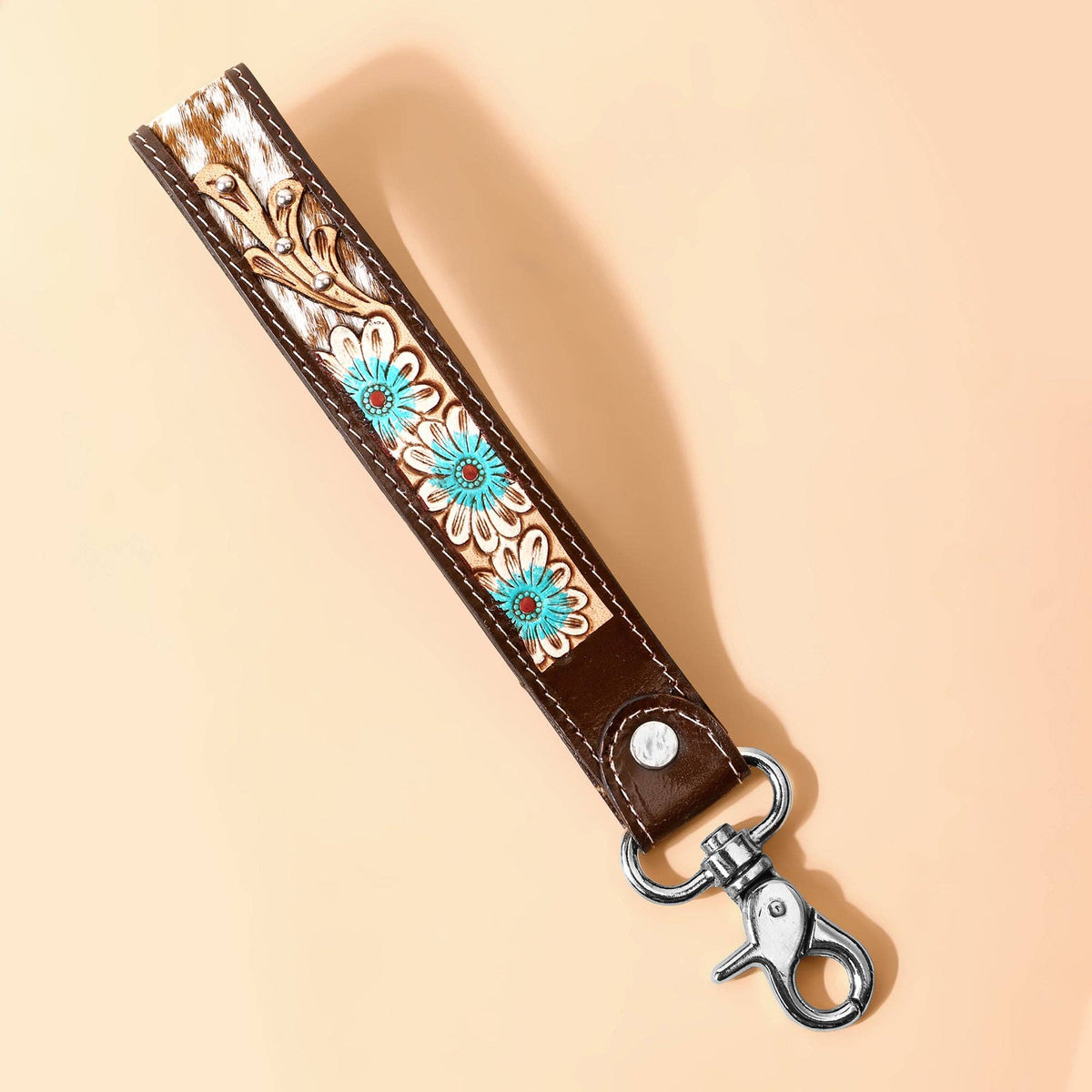 Wildhue Western Key Fob in tan with handtooled floral detail: Tan