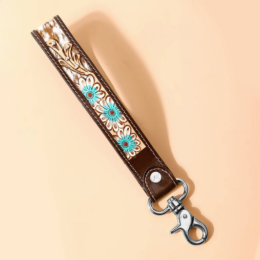 Wildhue Western Key Fob in tan with handtooled floral detail: Tan