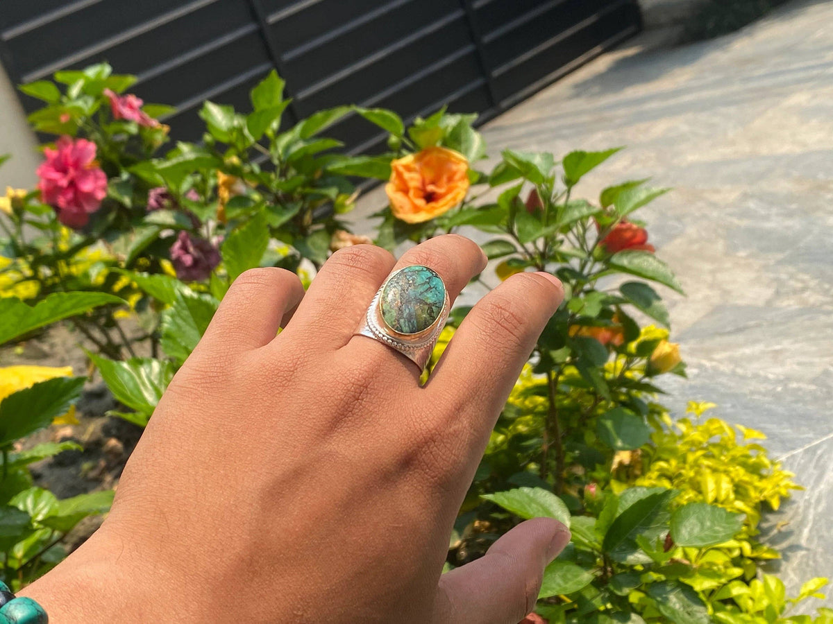 Turquoise Temptation: Silver & Gold Overlay Ring, Two Tone Ring, Hammered Ring, Unisex Aesthetic Ring.: #2- Ring