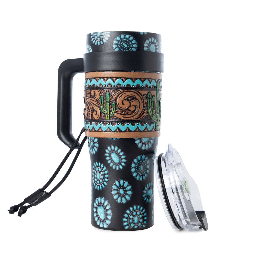 Concho Crest Western Tooled Tumbler in Black Stainless Steel with Leather Wrap and Handle: WITH TOOLING